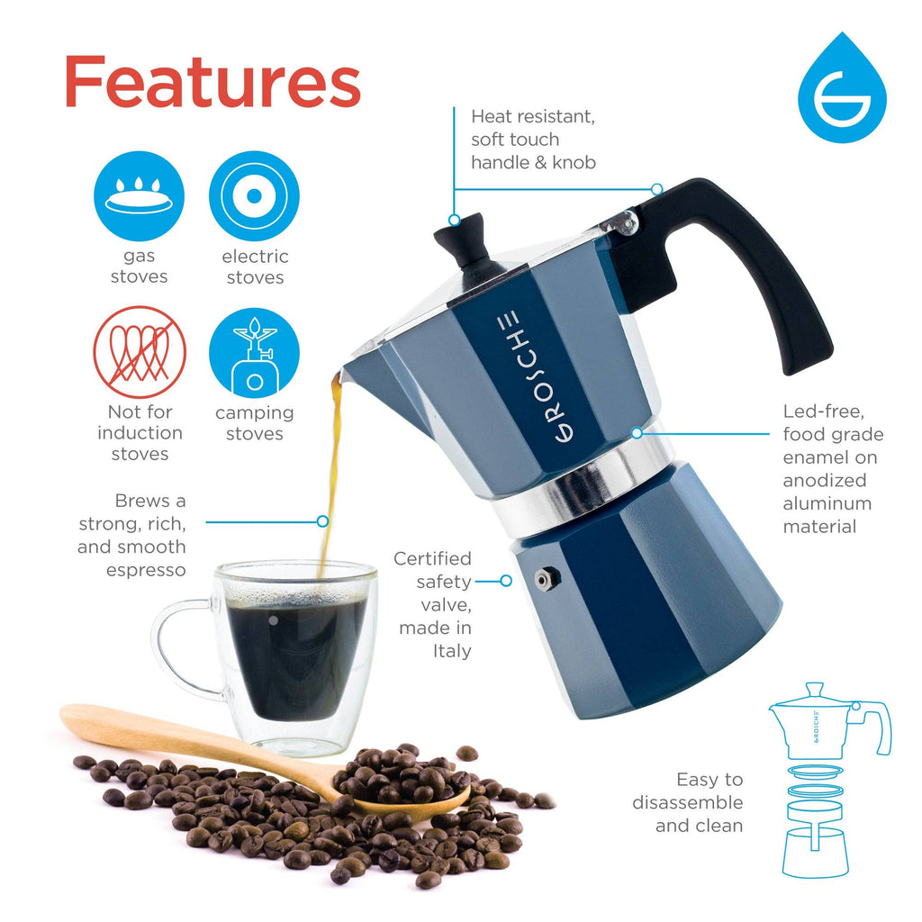 GROSCHE MILANO Stovetop Espresso Maker - Blue: 3 cup