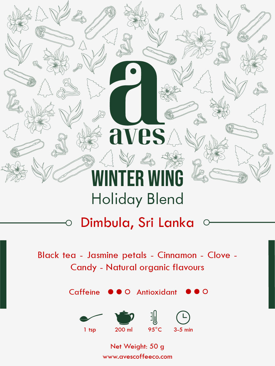 Green tea: Loose green tea leaves rich in antioxidants – fresh and vibrant flavour.
Black tea: Loose black tea leaves – full-bodied aroma for a perfect morning brew.
Herbal tea: Colourful loose herbal tea blend with chamomile, mint, and petals – caffeine-free wellness tea.
Chai: Loose chai tea leaves with spices – aromatic Indian masala tea blend.
White tea: Delicate loose white tea leaves – smooth and subtle premium brew.
Aves Coffee Company. Loose Tea leaves